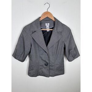 Y2K Worthington Petite Blazer‎ Cropped 3/4 Sleeve Jacket PS Gray Herringbone